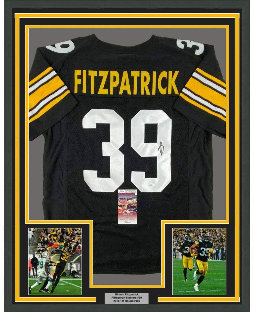 Framed Autographed/Signed Minkah Fitzpatrick 35x39 Pittsburgh Black Football Jersey JSA COA