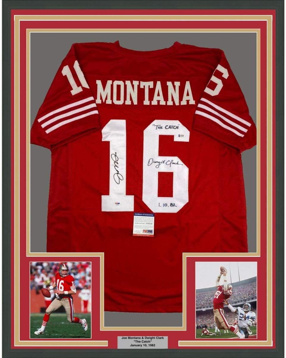 Framed Autographed/Signed Joe Montana & Dwight Clark 35x39 The Catch San Francisco Red Football Jersey PSA/DNA & Beckett BAS COA