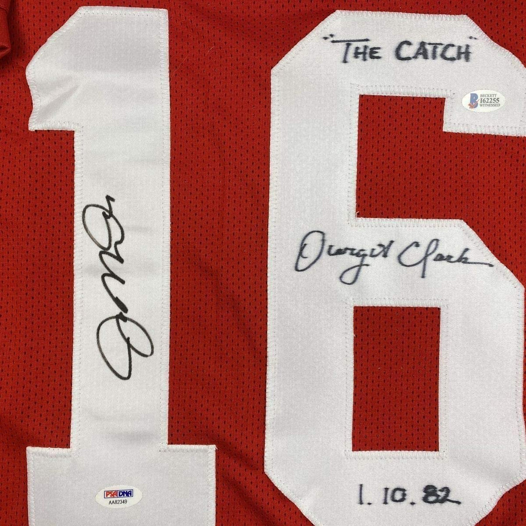 Framed Autographed/Signed Joe Montana & Dwight Clark 35x39 The Catch San Francisco Red Football Jersey PSA/DNA & Beckett BAS COA