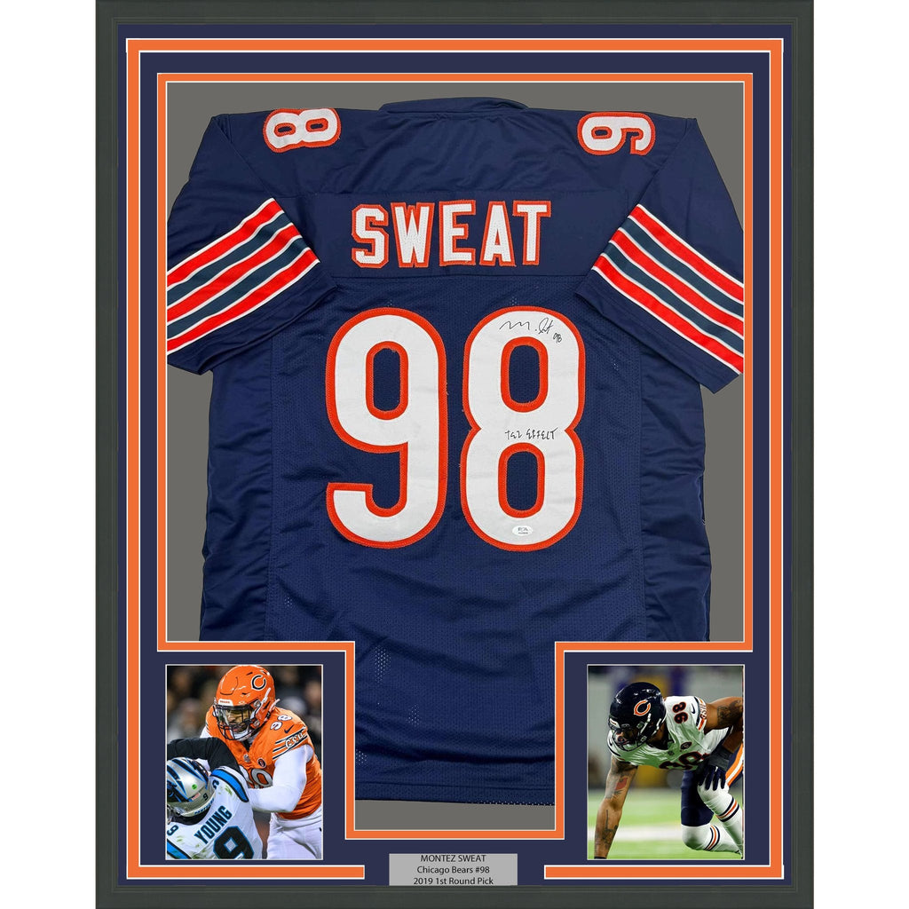 Framed Autographed/Signed Montez Sweat Tez Effect 35x39 Chicago Blue Football Jersey PSA COA