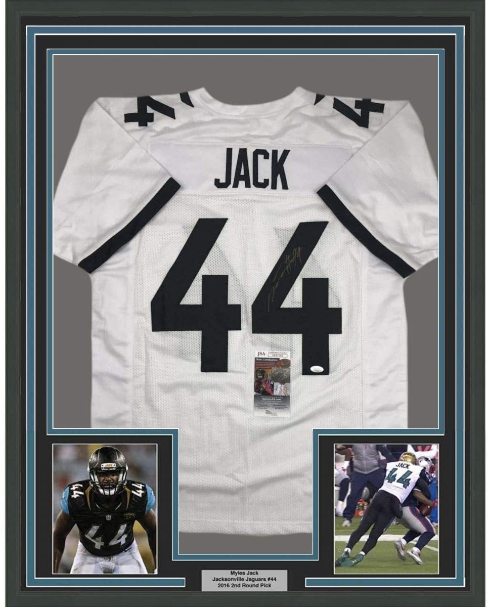 Framed Autographed/Signed Myles Jack 35x39 Jacksonville White Football Jersey JSA COA