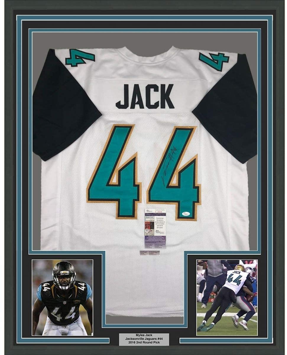 Framed Autographed/Signed Myles Jack 35x39 Jacksonville Retro White Football Jersey JSA COA