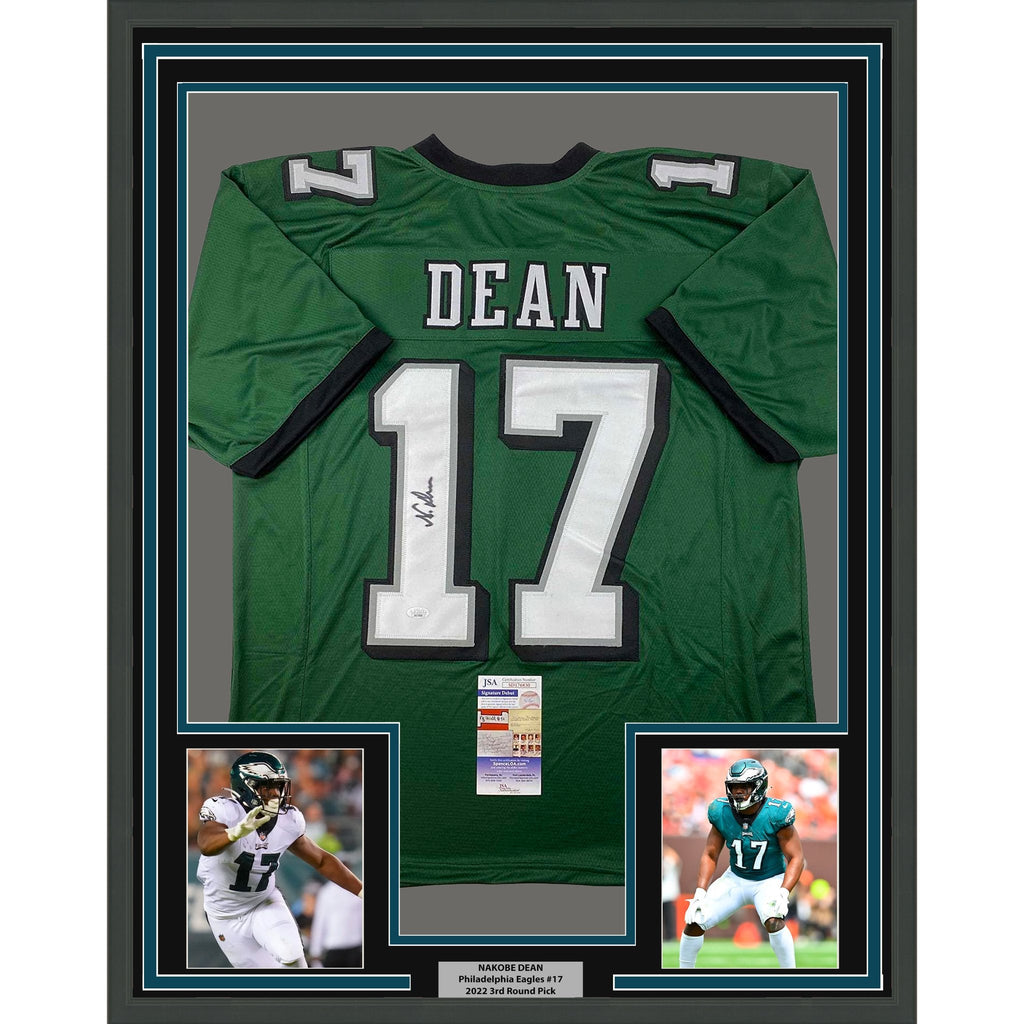 Framed Autographed/Signed Nakobe Dean 35x39 Philadelphia Green Football Jersey JSA COA