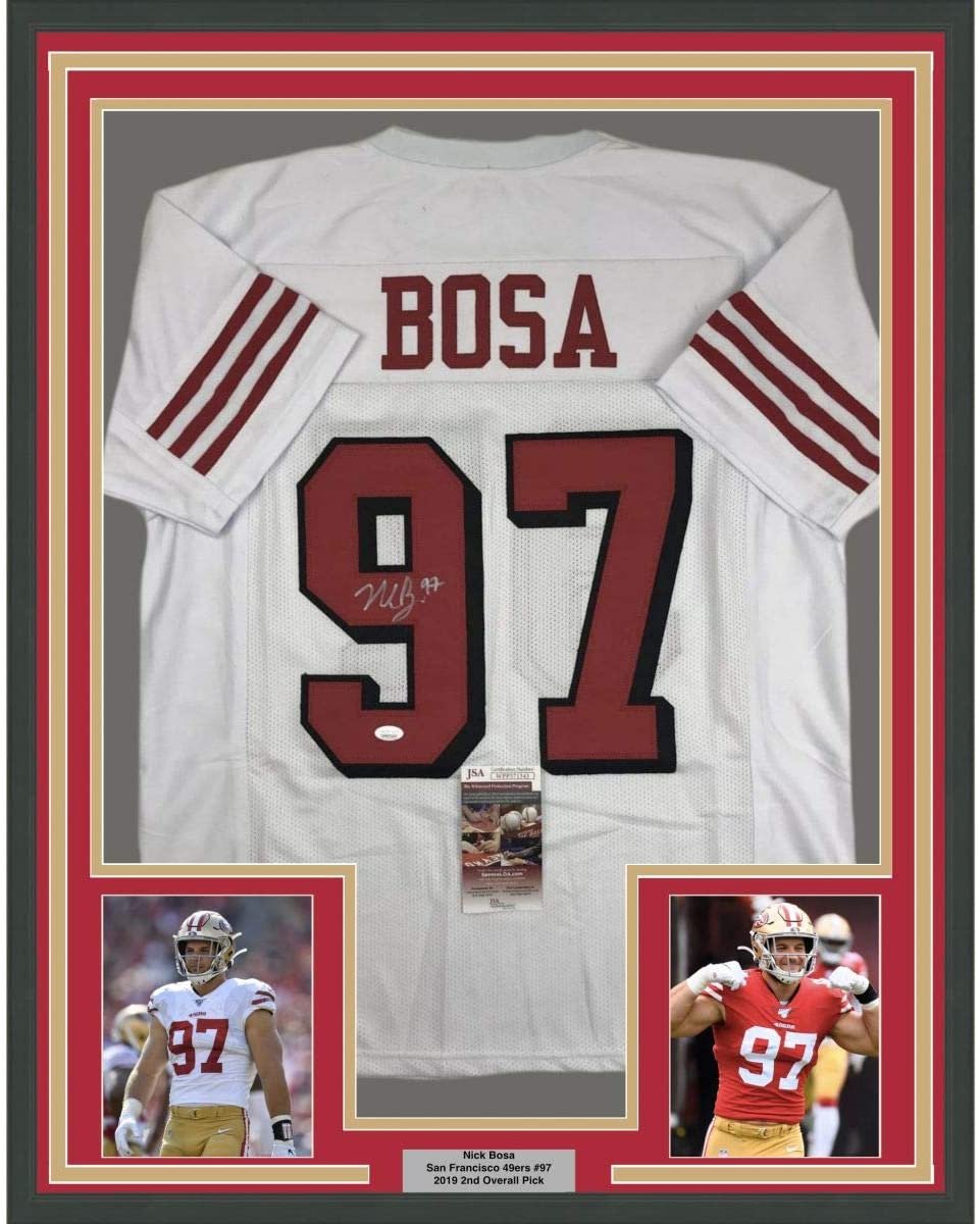 Framed Autographed/Signed Nick Bosa 35x39 San Francisco White Football Jersey JSA COA