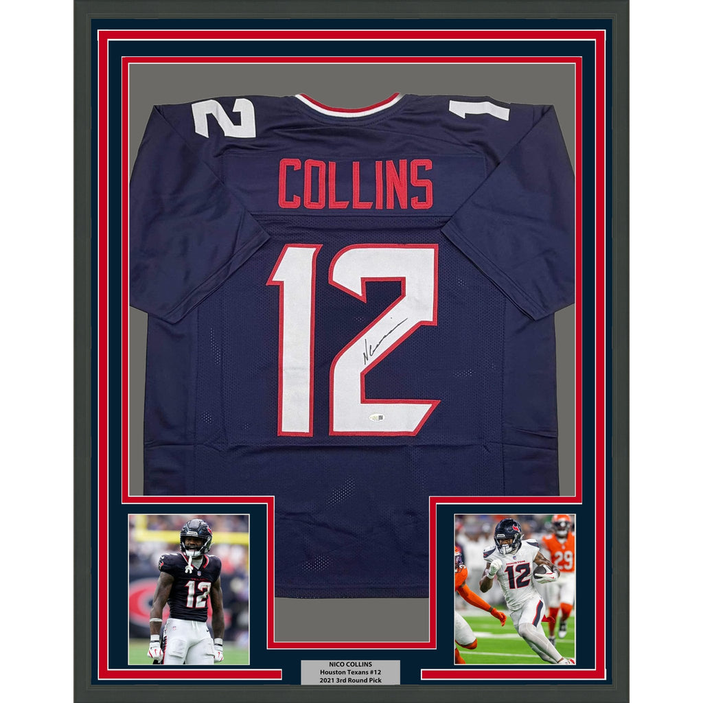 Framed Autographed/Signed Nico Collins 35x39 Houston Blue Current Football Jersey JSA COA