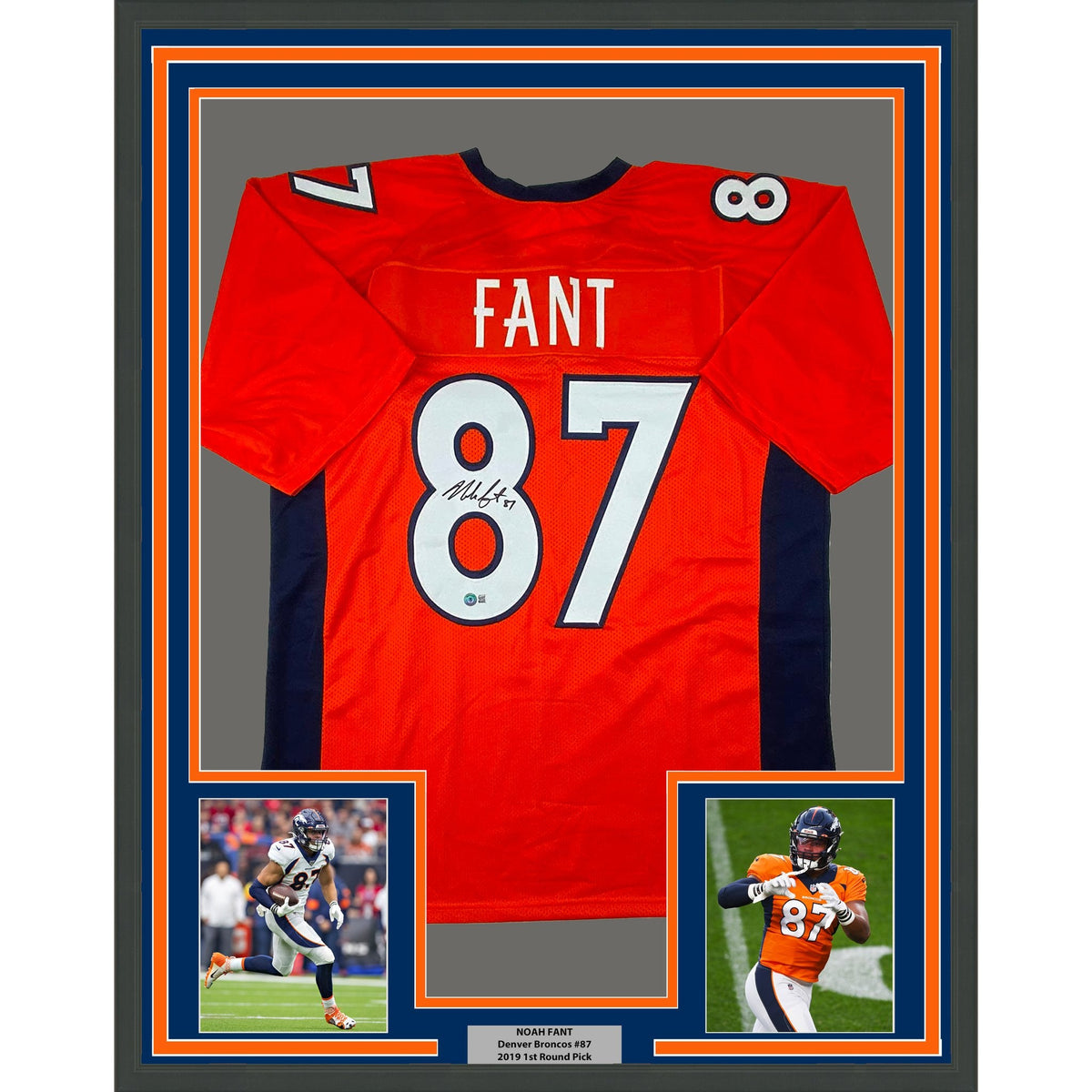 Framed Autographed/Signed Noah Fant 35x39 Denver Orange Football Jersey Beckett BAS COA