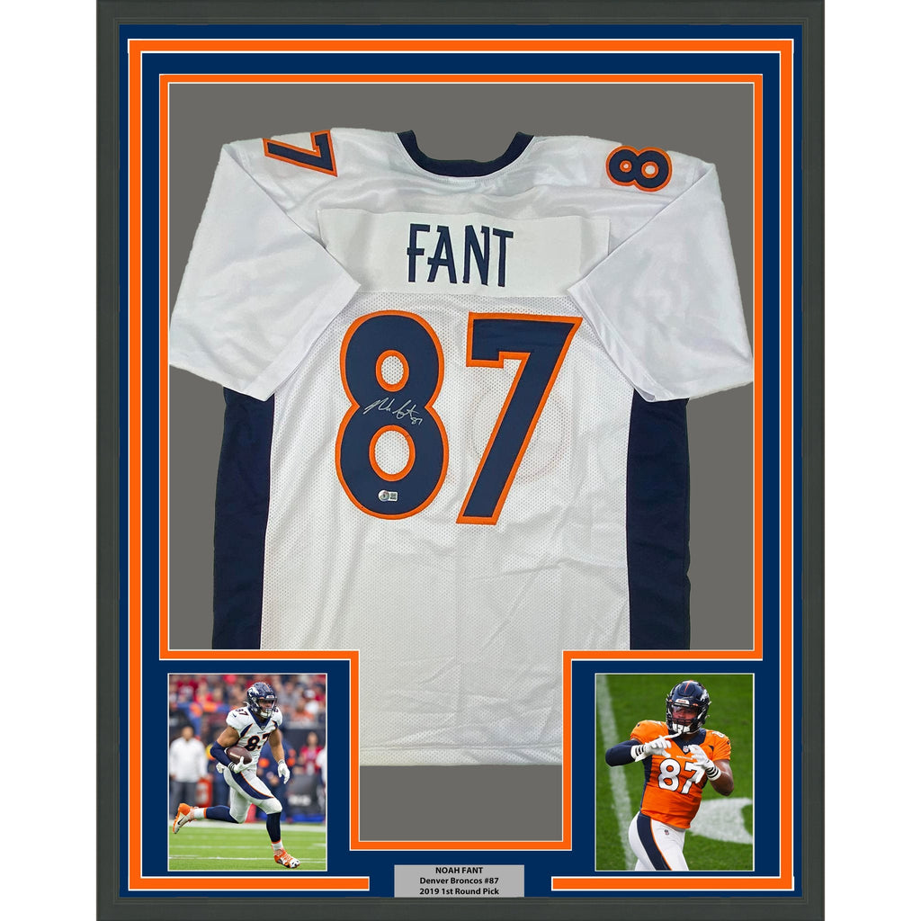 Framed Autographed/Signed Noah Fant 35x39 Denver White Football Jersey Beckett BAS COA