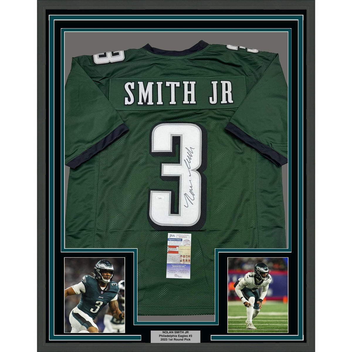 Framed Autographed/Signed Nolan Smith Jr. 35x39 Philadelphia Green Football Jersey JSA COA