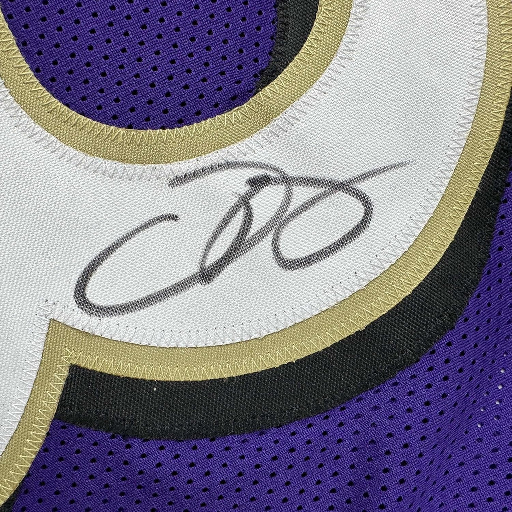 Framed Autographed/Signed Odell Beckham Jr. 35x39 Baltimore Purple Football Jersey Beckett BAS COA