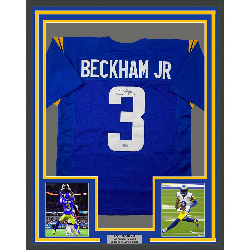 Framed Autographed/Signed Odell Beckham Jr. 35x39 OBJ Los Angeles LA Blue Football Jersey Beckett BAS COA