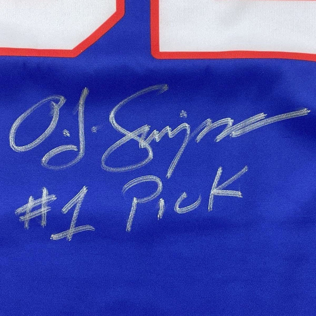 Framed Autographed/Signed OJ O.J. Simpson 35x39#1 Pick Buffalo Blue Football Jersey JSA COA