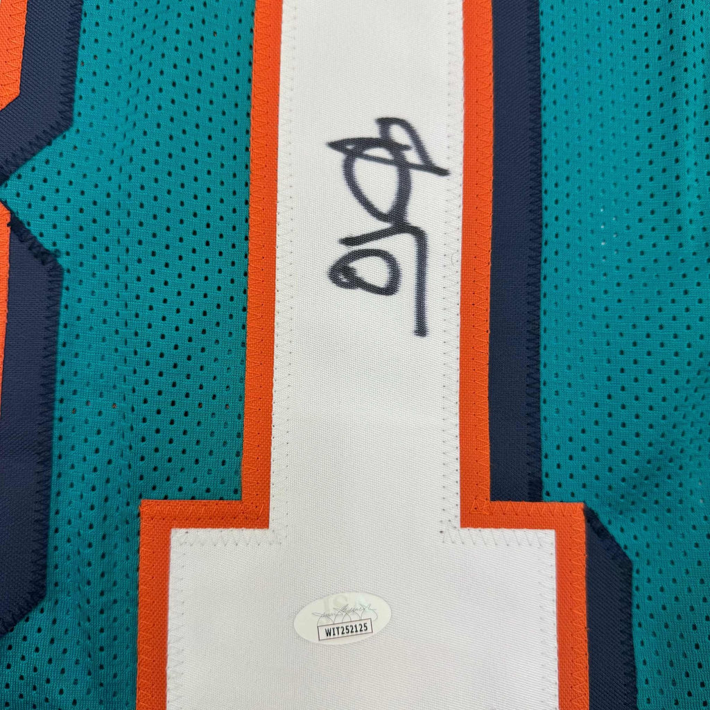 Framed Autographed/Signed O.J. OJ McDuffie 35x39 Miami Teal Football Jersey JSA COA