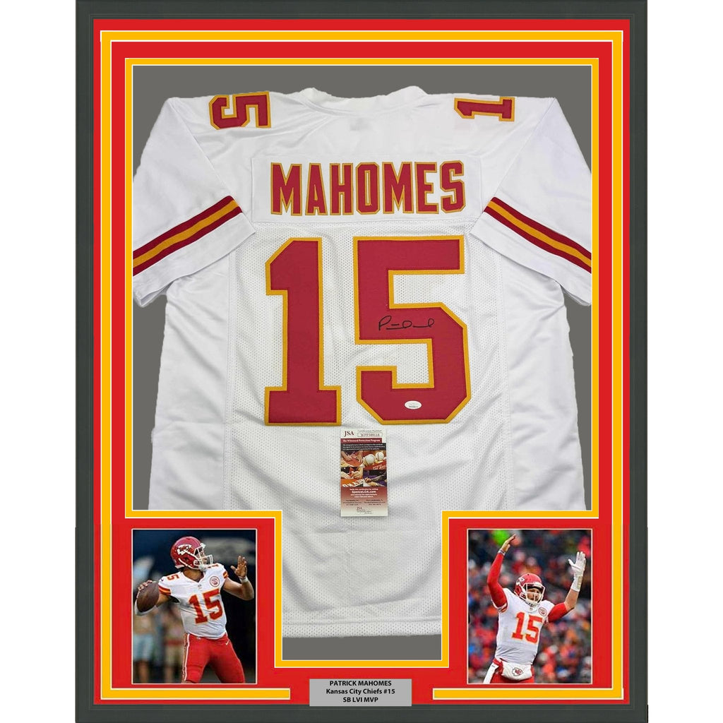 Framed Autographed/Signed Patrick Mahomes 35x39 Kansas City White Football Jersey JSA COA