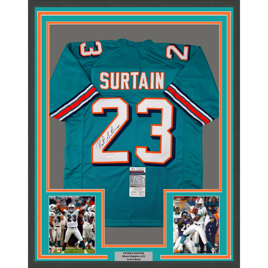 Framed Autographed/Signed Patrick Surtain 35x39 Miami Teal Football Jersey JSA COA