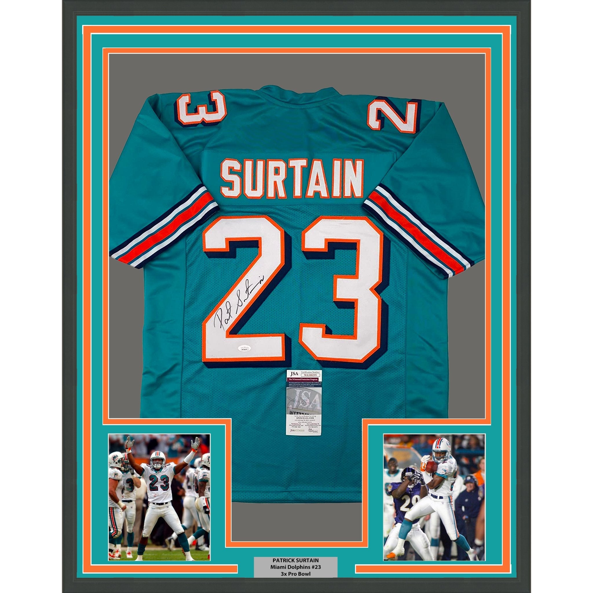 Framed Autographed/Signed Patrick Surtain 35x39 Miami Teal Football Jersey JSA COA