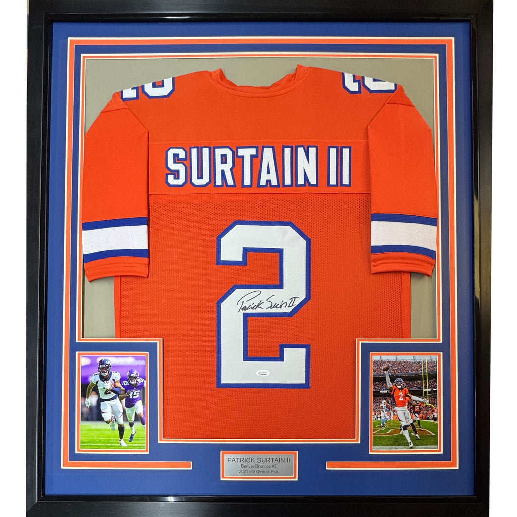 Framed Autographed/Signed Patrick Surtain II 35x39 Denver Retro Orange Football Jersey JSA COA