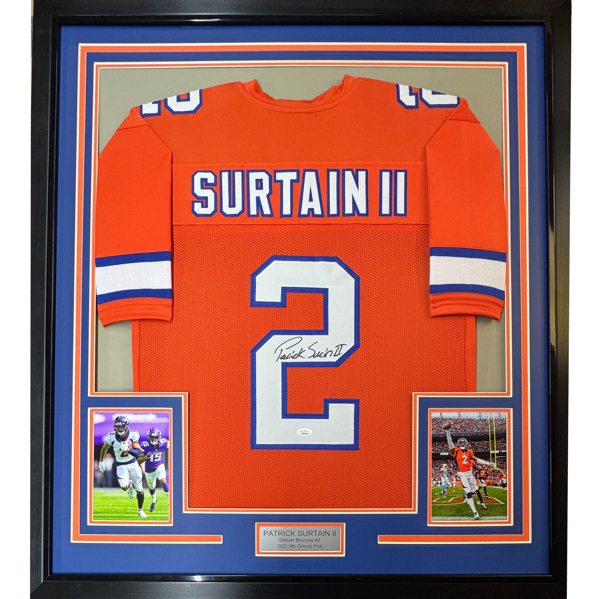 Framed Autographed/Signed Patrick Surtain II 35x39 Denver Retro Orange Football Jersey JSA COA