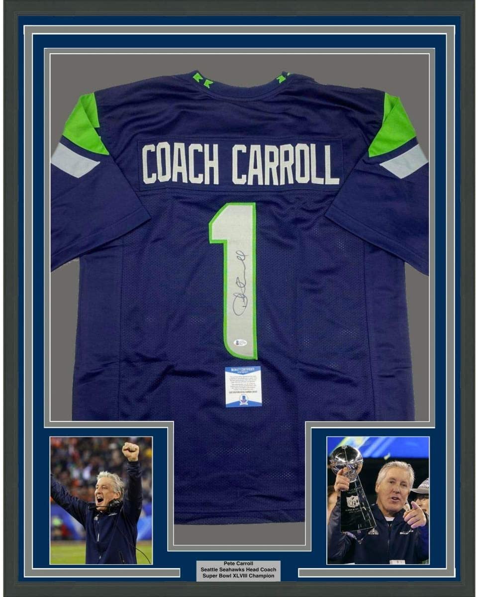 Framed Autographed/Signed Coach Pete Carroll 35x39 Seattle Blue Football Jersey Beckett BAS COA