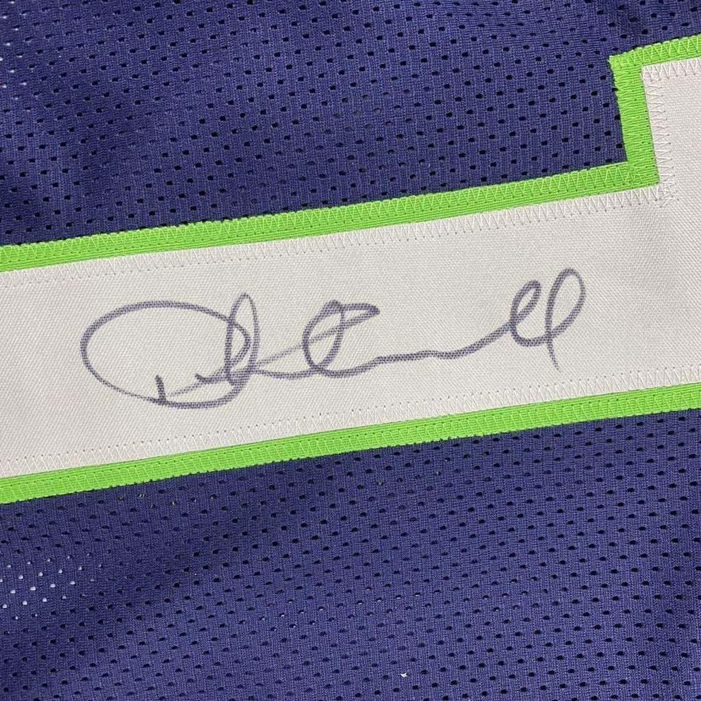 Framed Autographed/Signed Coach Pete Carroll 35x39 Seattle Blue Football Jersey Beckett BAS COA