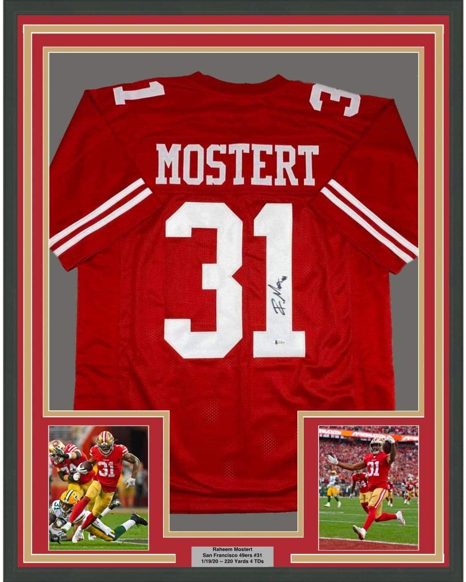 Framed Autographed/Signed Raheem Mostert 35x39 San Francisco Red Football Jersey JSA COA