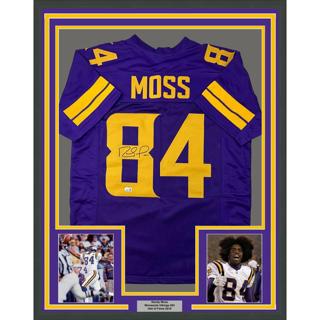 Framed Autographed/Signed Randy Moss 35x39 Minnesota Color Rush Purple Football Jersey Beckett BAS COA