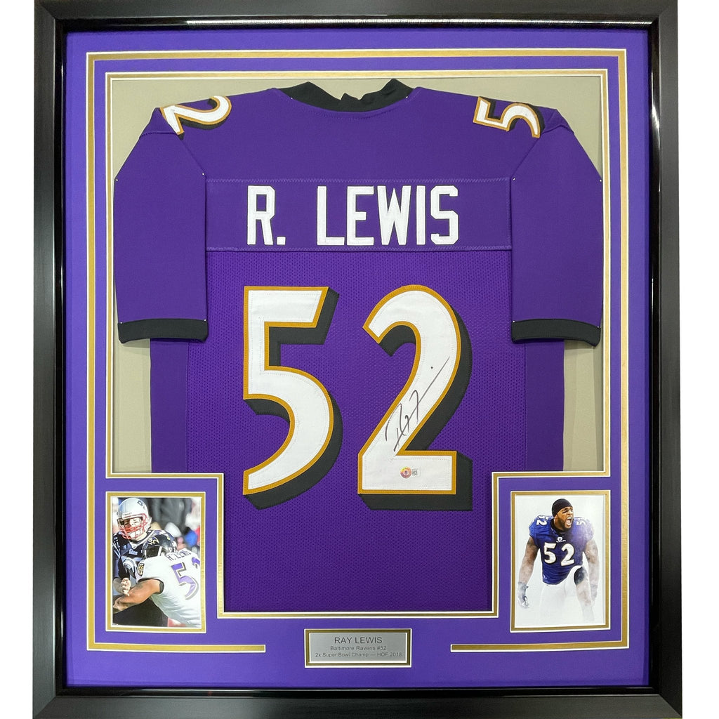 Framed Autographed/Signed Ray Lewis 35x39 Baltimore Purple Football Jersey JSA COA