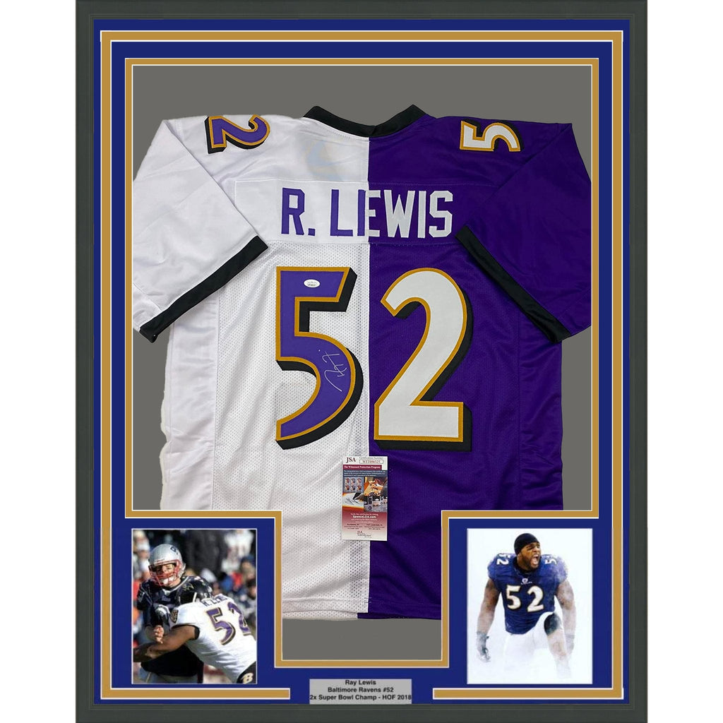 Framed Autographed/Signed Ray Lewis 35x39 Baltimore Split Purple White Football Jersey JSA COA