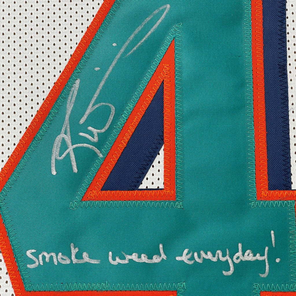 Framed Autographed/Signed Ricky Williams 35x39 Smoke Weed Everyday Inscribed Miami White Football Jersey JSA COA