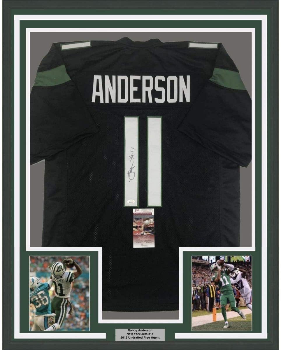 Framed Autographed/Signed Robby Anderson 35x39 New York 2019 Black Football Jersey JSA COA