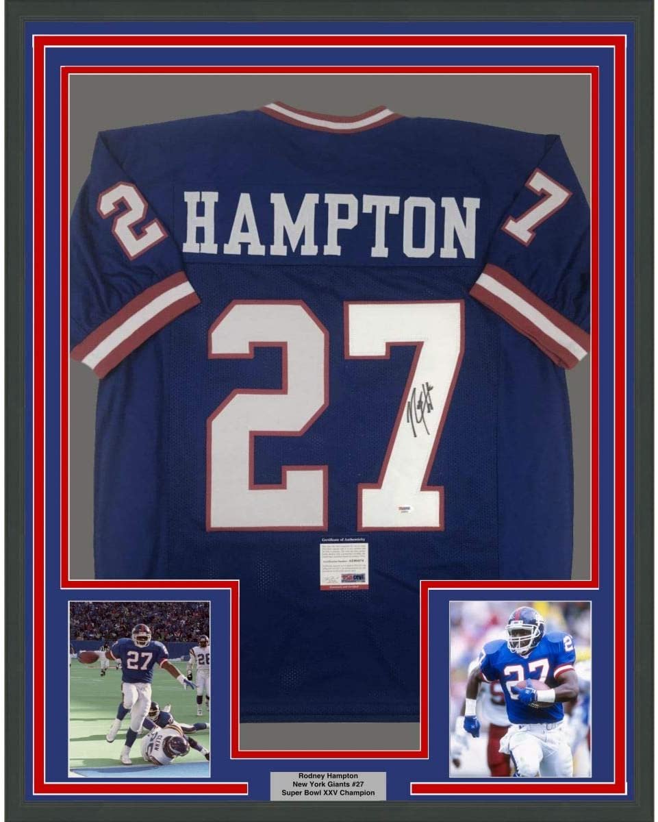 Framed Autographed/Signed Rodney Hampton 35x39 New York Blue Football Jersey PSA/DNA COA