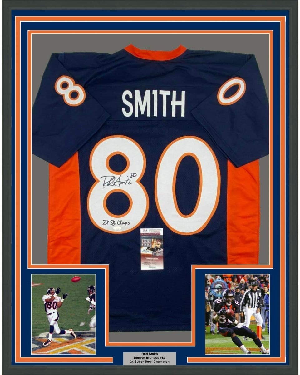 Framed Autographed/Signed Rod Smith 2x SB Champ 35x39 Denver Blue Football Jersey JSA COA
