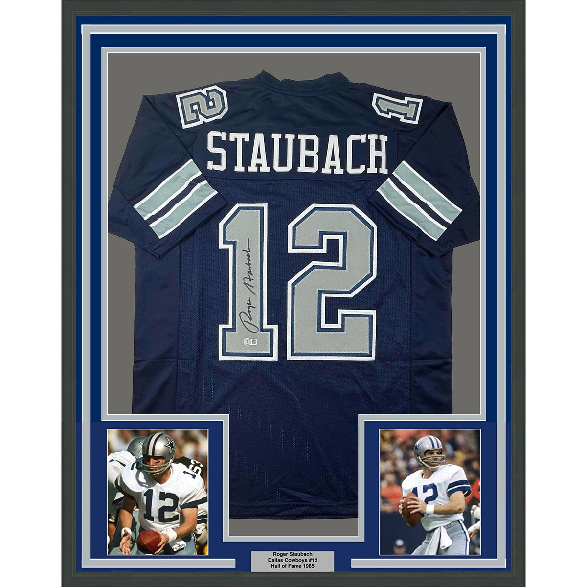 Framed Autographed/Signed Roger Staubach 35x39 Dallas Blue Football Jersey Beckett BAS COA