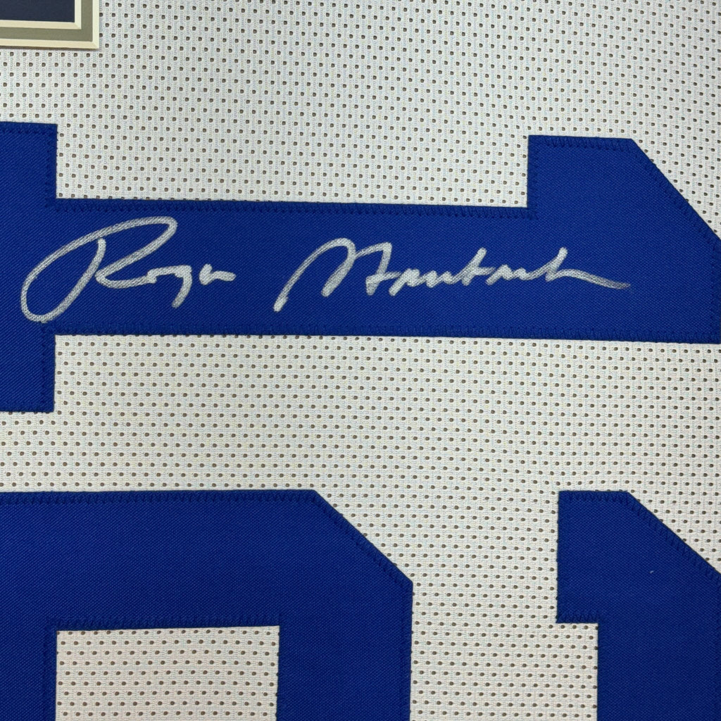 Framed Autographed/Signed Roger Staubach 35x39 Dallas White Football Jersey Beckett BAS COA