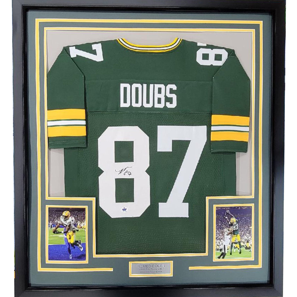 Framed Autographed/Signed Romeo Doubs 35x39 Green Bay Green Football Jersey JSA COA