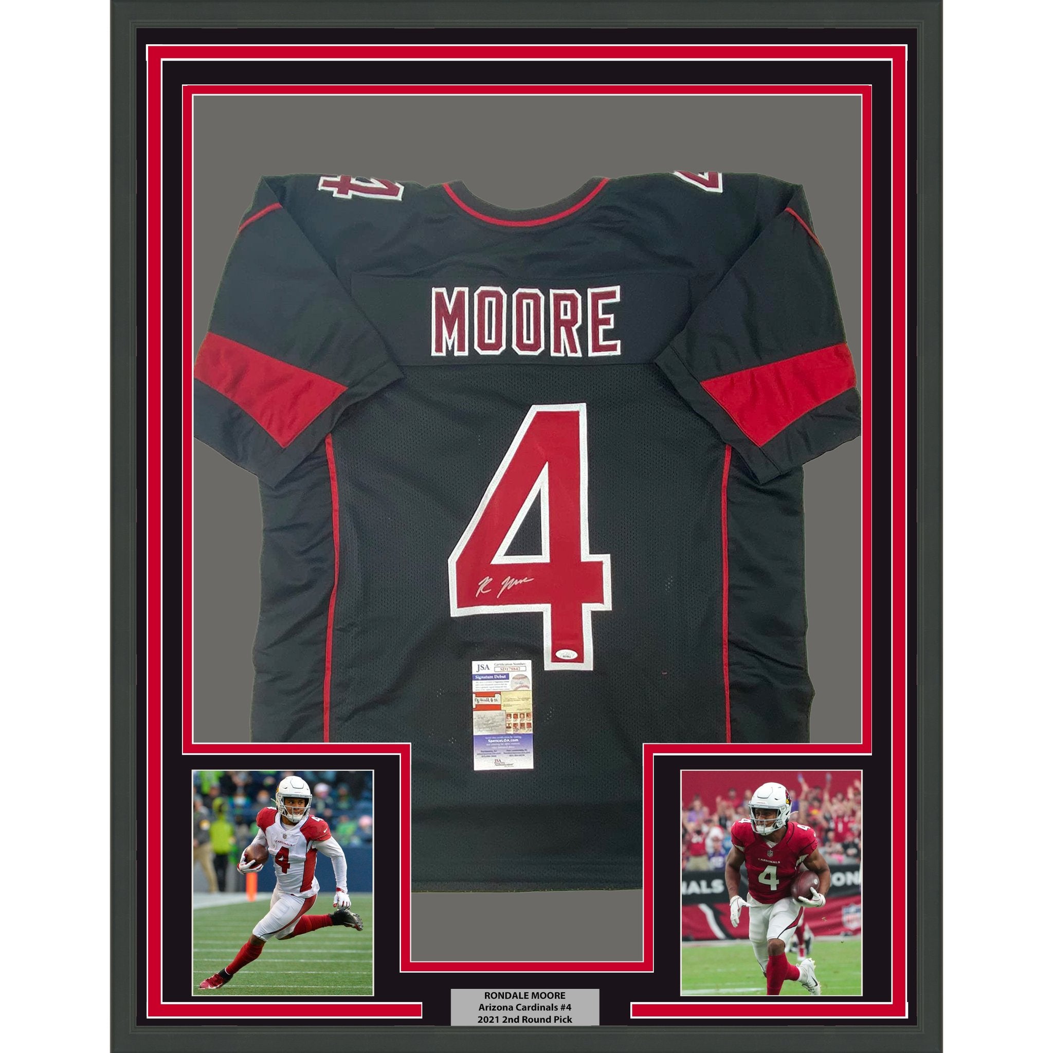 Framed Autographed/Signed Rondale Moore 35x39 Arizona Black Color Rush Football Jersey JSA COA