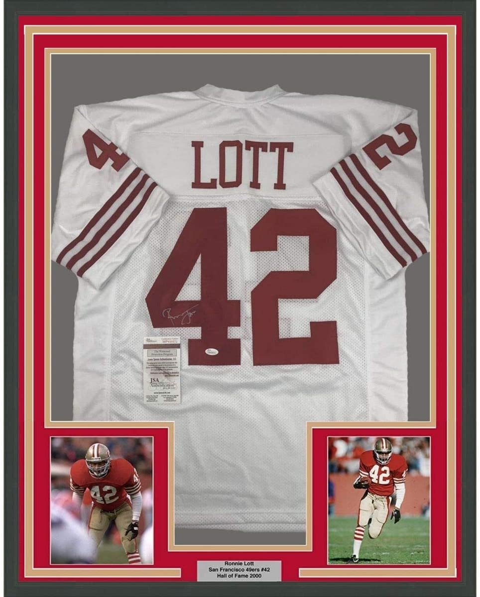 Framed Autographed/Signed Ronnie Lott 35x39 San Francisco 49ers White Football Jersey JSA COA