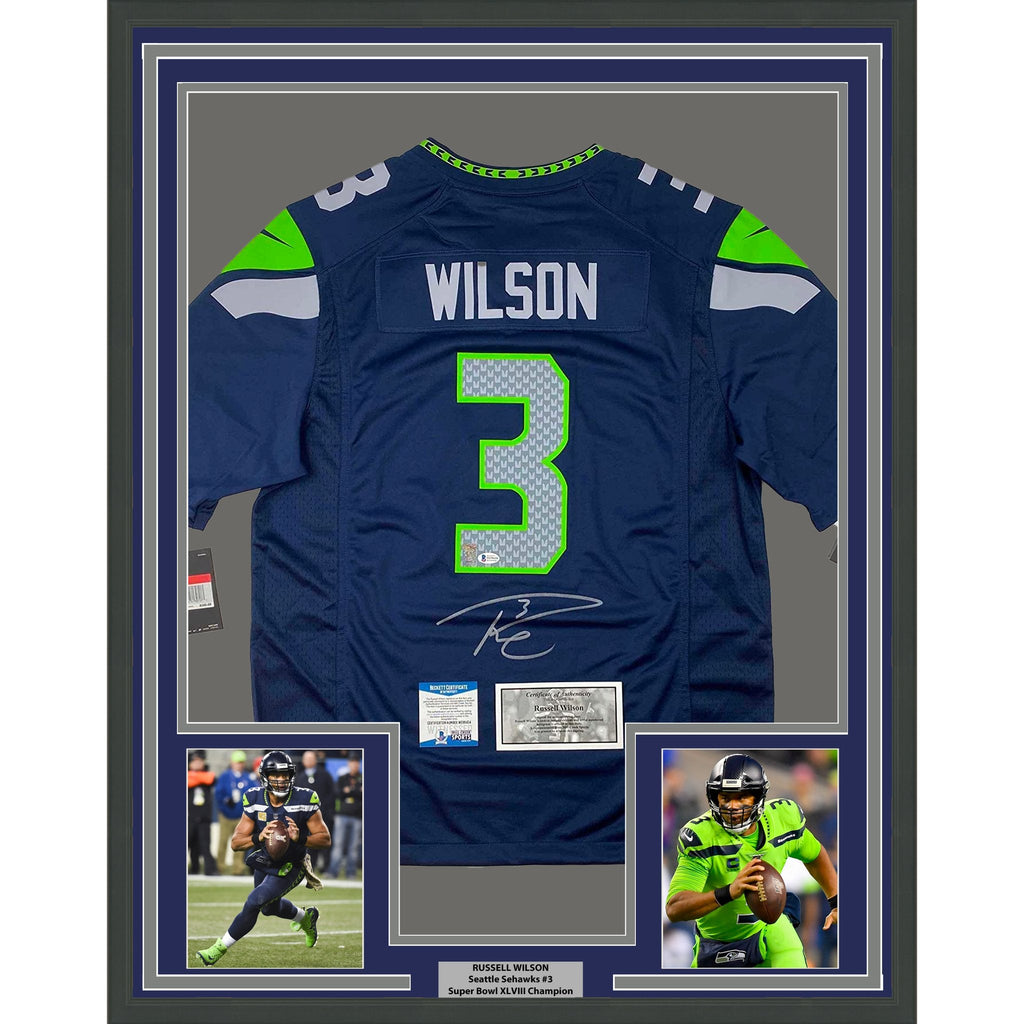Framed Autographed/Signed Russell Wilson 35x39 Seattle Seahawks Blue Authentic Football Jersey Beckett BAS COA