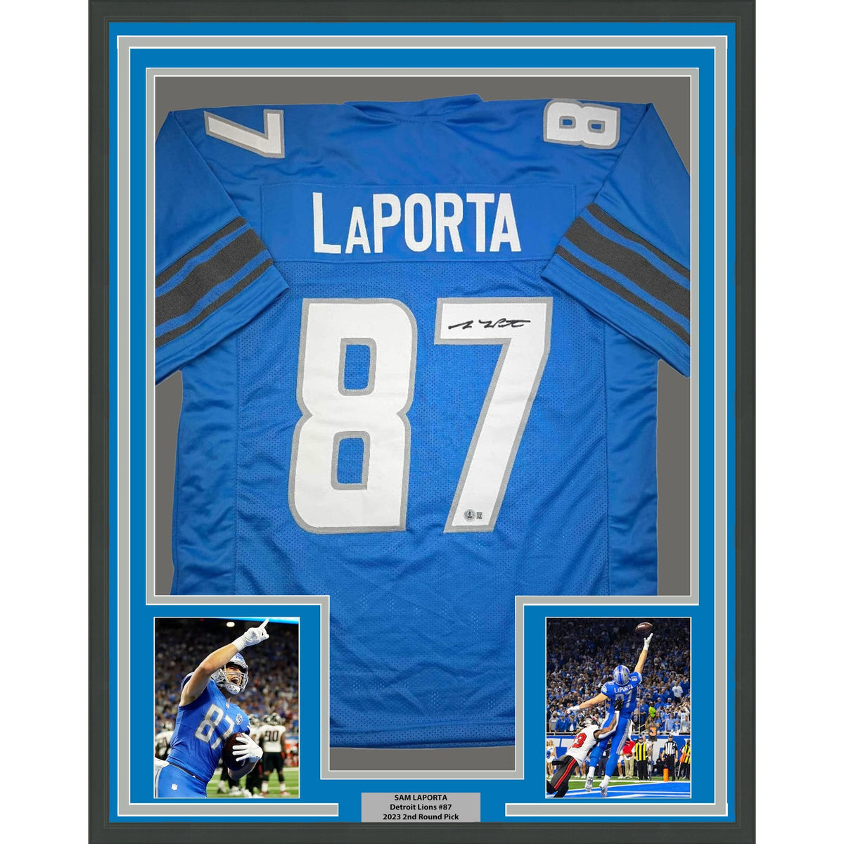 Framed Autographed/Signed Sam LaPorta 35x39 Detroit Blue Football Jersey Beckett BAS COA