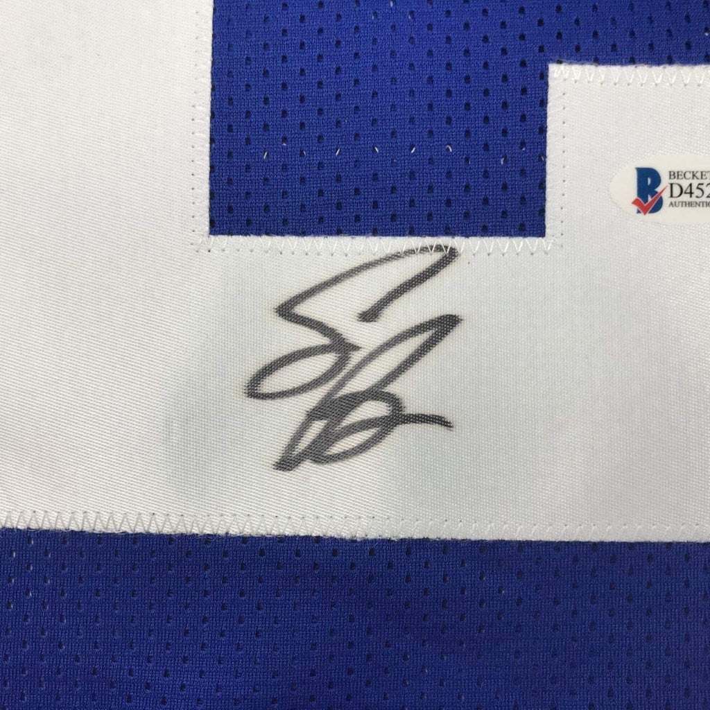 Framed Autographed/Signed Saquon Barkley 35x39 New York Blue Football Jersey Beckett BAS COA