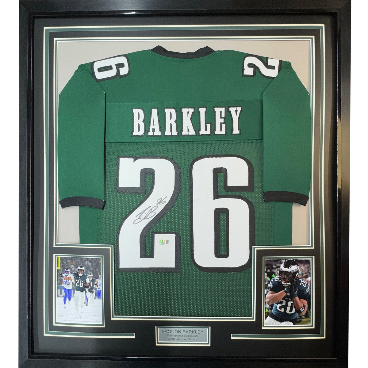 Framed Autographed/Signed Saquon Barkley 35x39 Philadelphia Midnight Green Football Jersey Beckett BAS COA