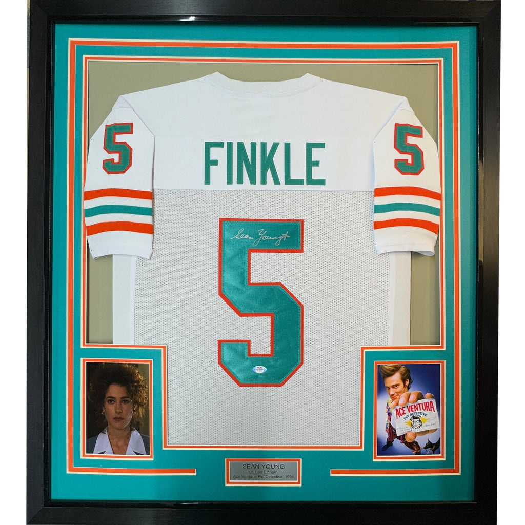 Framed Autographed/Signed Sean Young 35x39 Ray Finkle Miami White Ace Ventura Movie Football Jersey PSA/DNA COA