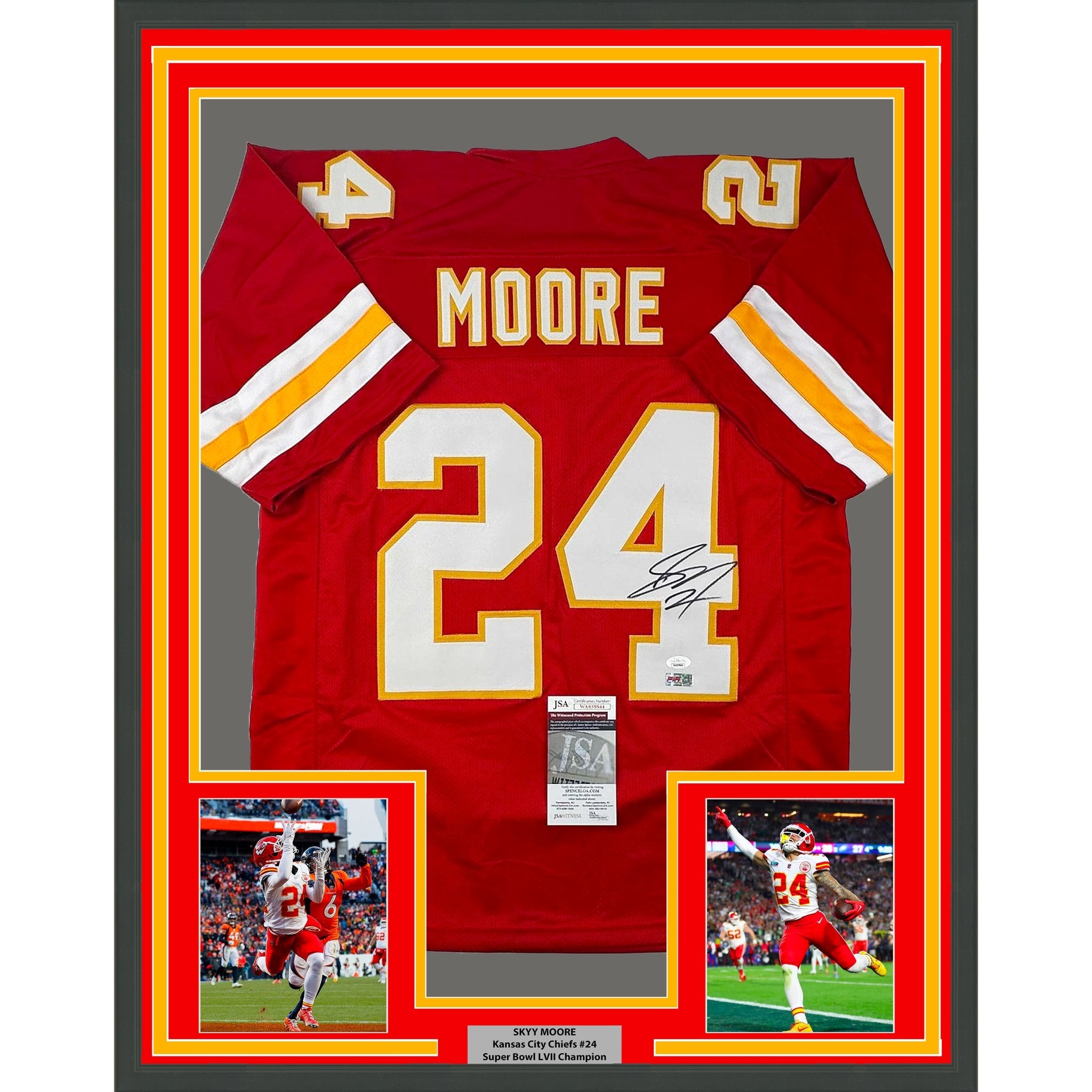 Framed Autographed/Signed Skyy Moore 35x39 Kansas City Red Football Jersey JSA COA