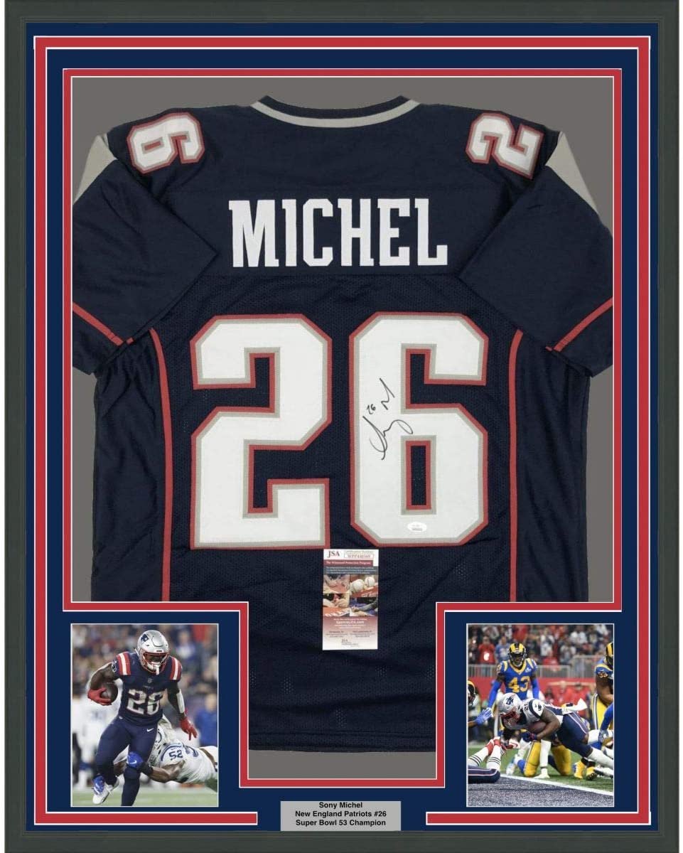 Framed Autographed/Signed Sony Michel 35x39 New England Blue Football Jersey JSA COA