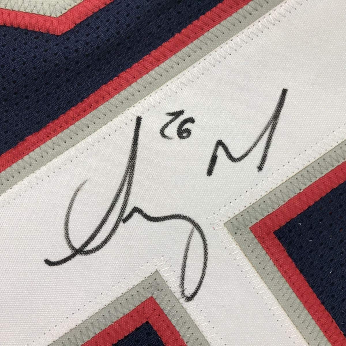 Framed Autographed/Signed Sony Michel 35x39 New England Blue Football Jersey JSA COA