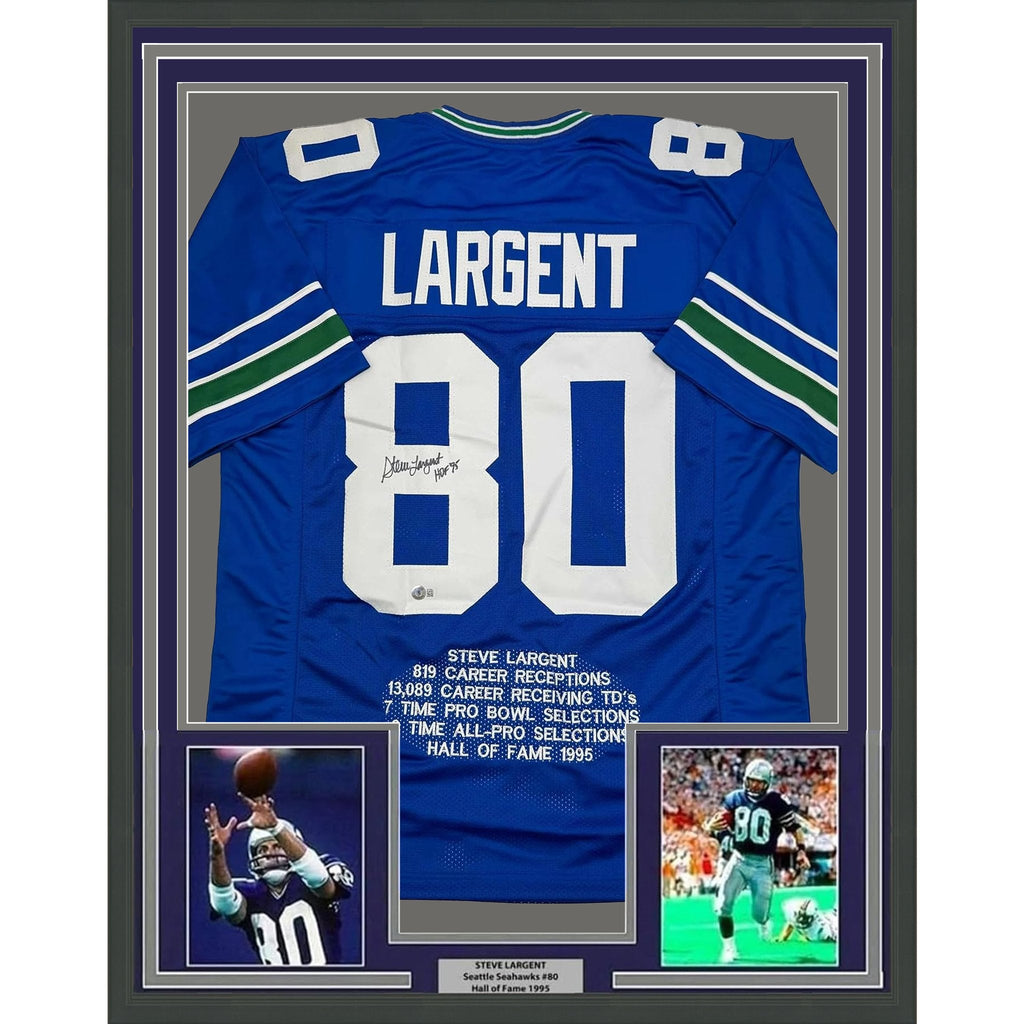Framed Autographed/Signed Steve Largent HOF 95 35x39 Seattle Blue Stat Football Jersey Beckett BAS COA