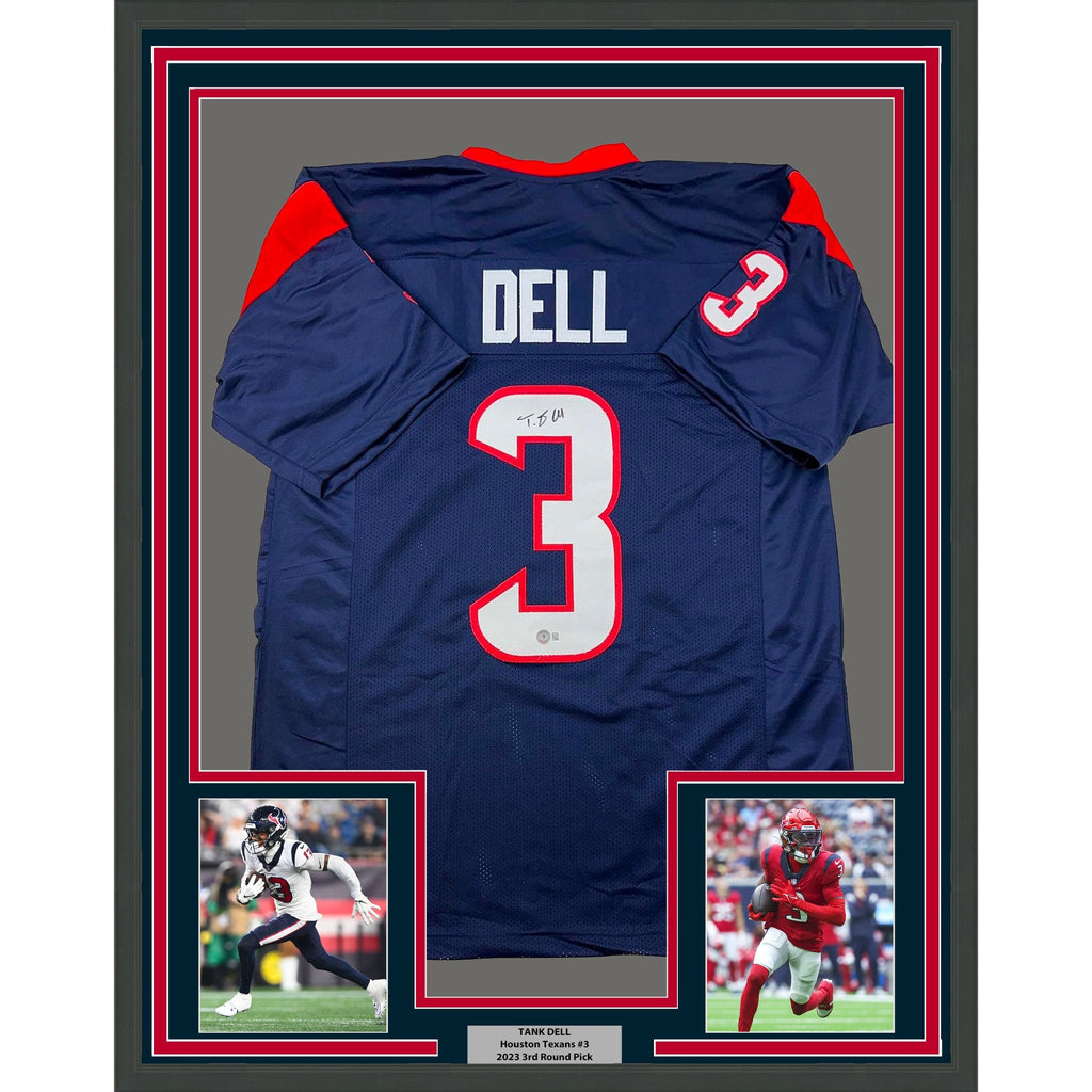 Framed Autographed/Signed Tank Dell 35x39 Houston Blue Football Jersey Beckett BAS COA