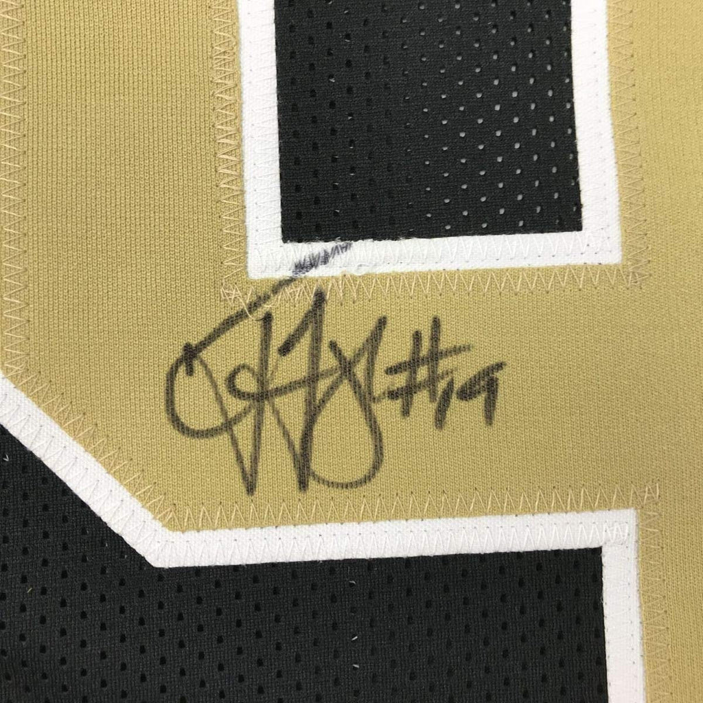 Framed Autographed/Signed Ted Ginn Jr. 35x39 New Orleans Black Football Jersey JSA COA