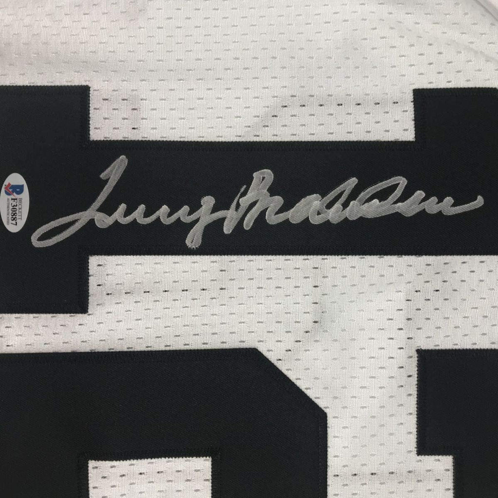 Framed Autographed/Signed Terry Bradshaw 35x39 Pittsburgh White Football Jersey Beckett BAS COA