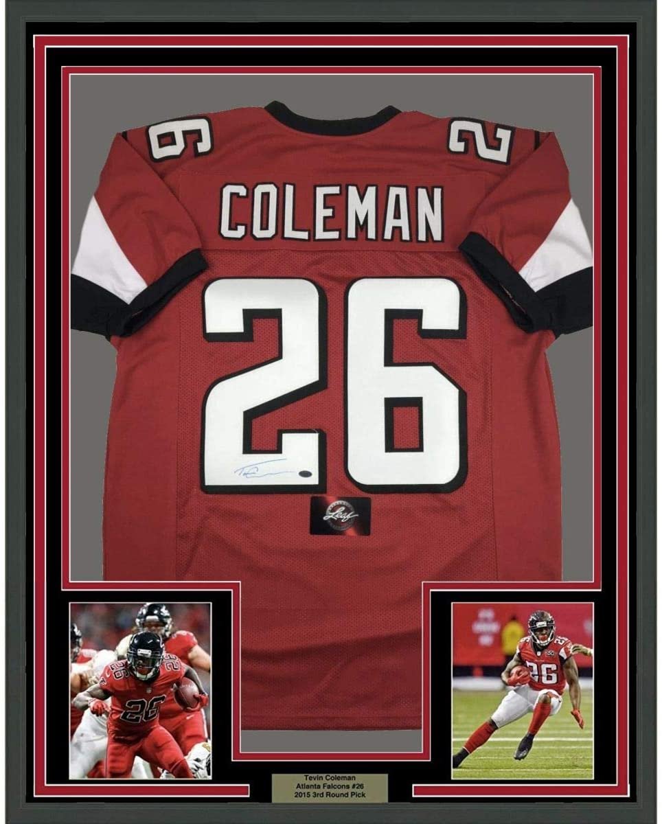 Framed Autographed/Signed Tevin Coleman 35x39 Atlanta Red Football Jersey Leaf Authentics COA