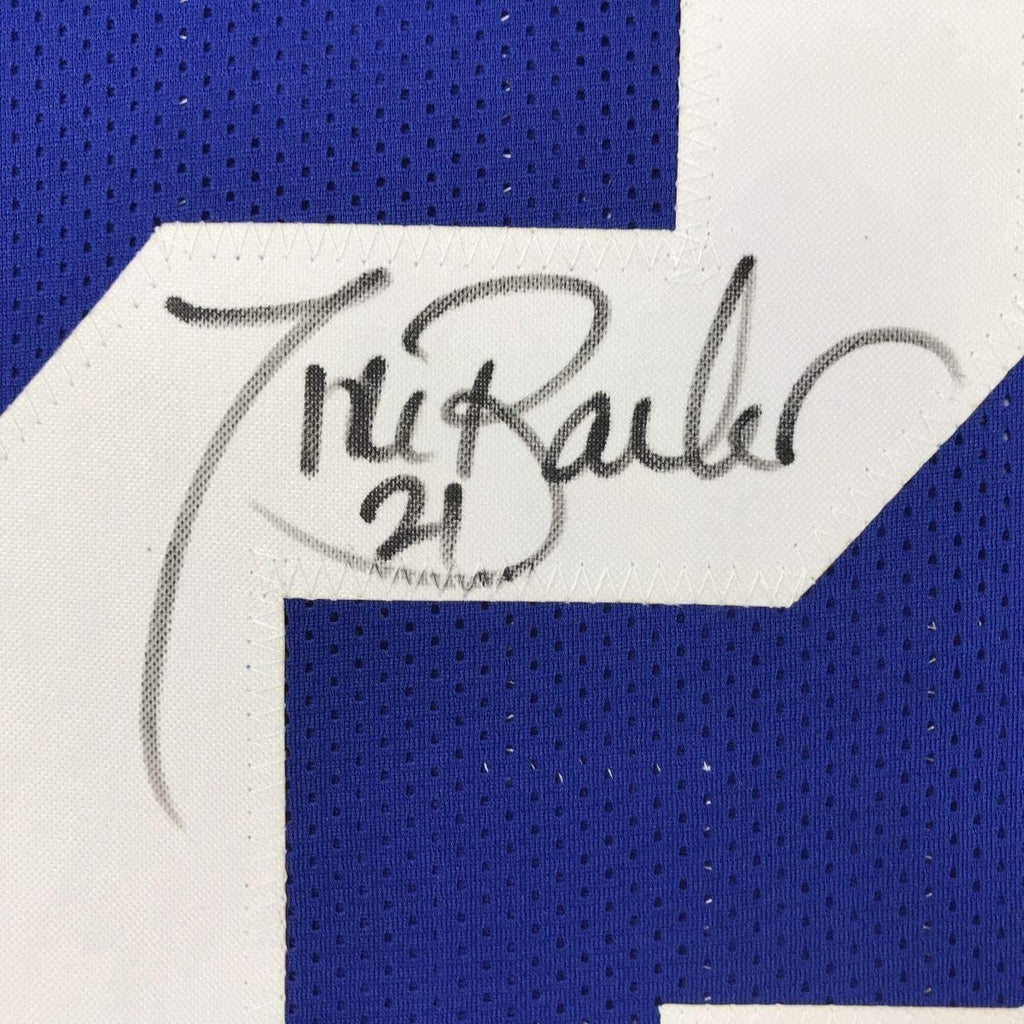 Framed Autographed/Signed Tiki Barber 35x39 New York Blue Football Jersey JSA COA